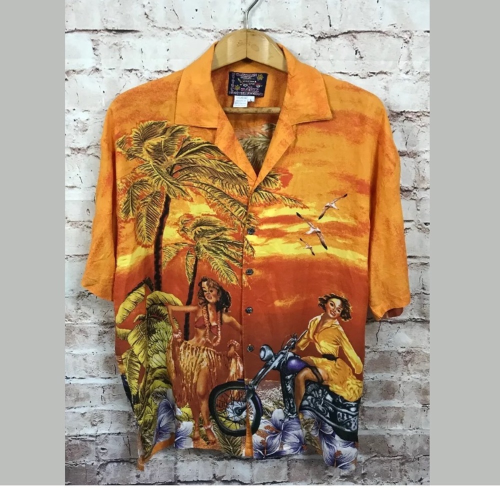 Hawaiian Shirt Large Hula Girls Motorcycle Orange